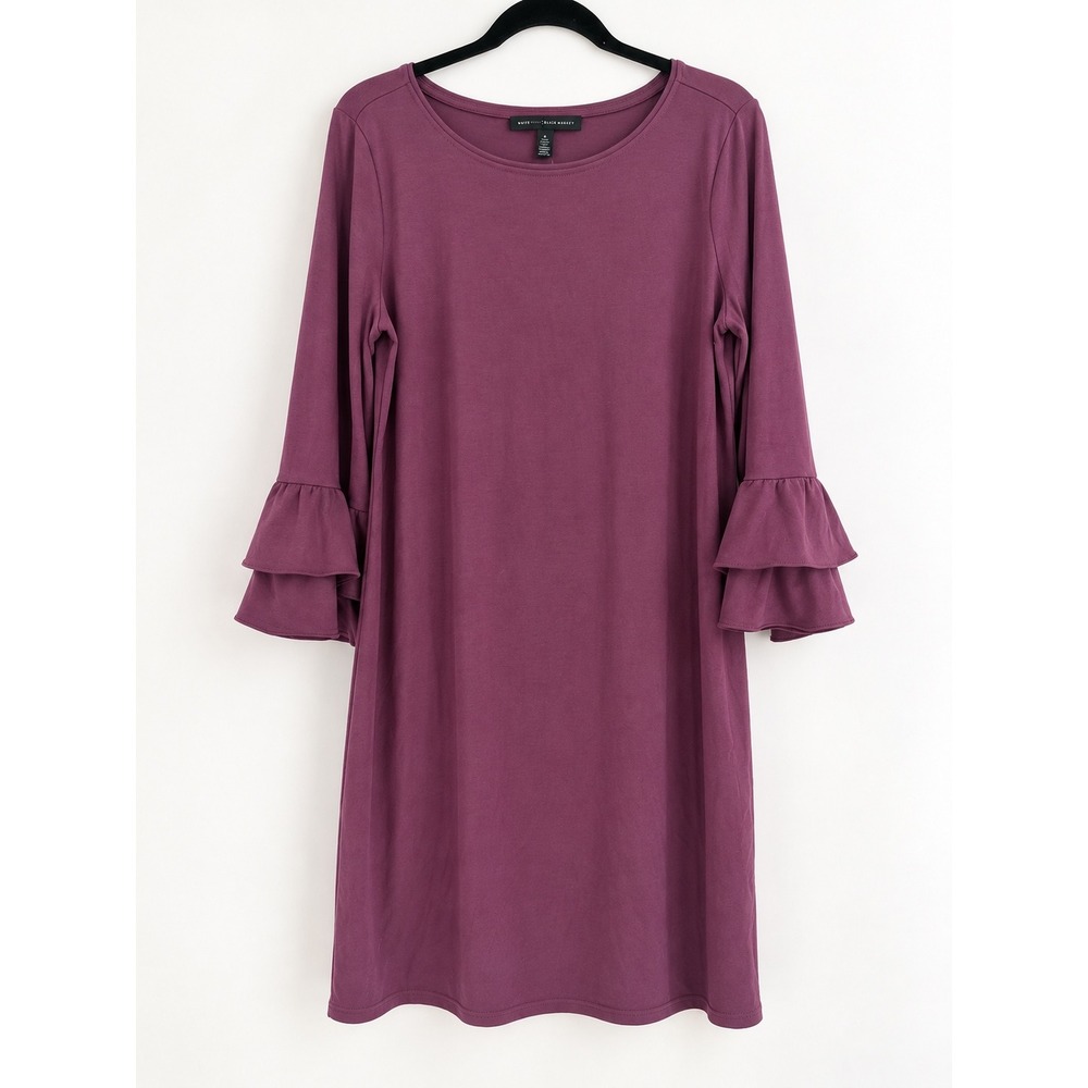 White House Black Market Dress Womens L Purple Tiered Ruffle Sleeve Classic NWT